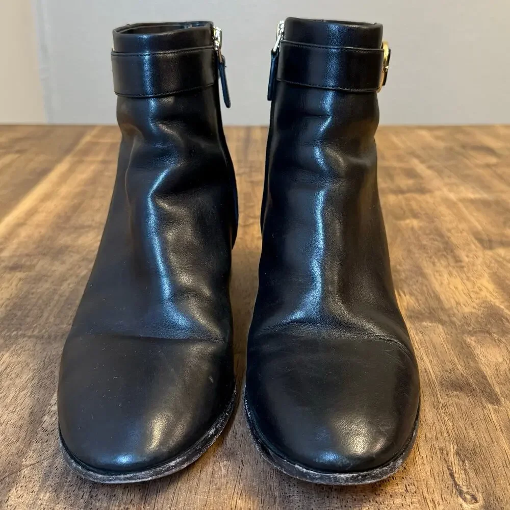 Tory Burch Ankle Boots Sophia Leather Heel Gold Logo Buckle Black Women’s 10.5